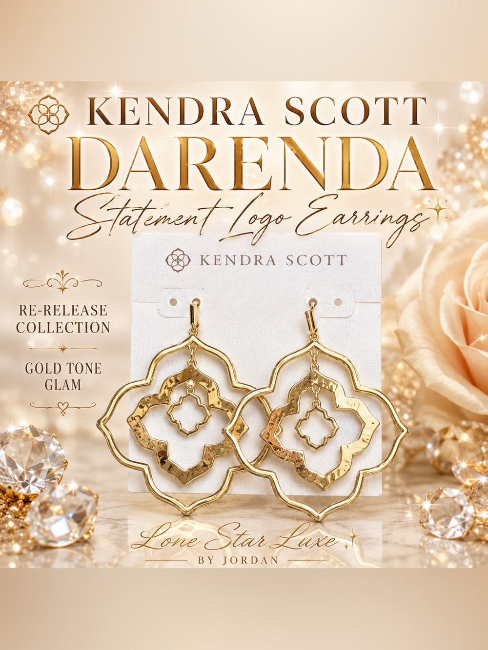 Kendra Scott Darenda Logo Earrings Gold Tone Quatrefoil Re-Release Rare Glam